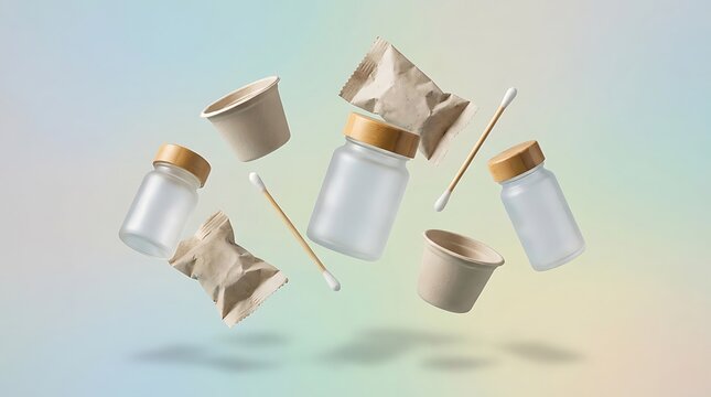 Floating eco friendly zero waste bathroom products like glass jars cotton swabs and paper cups in air. biodegradable healthcare items