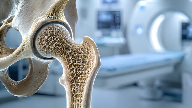 Osteoporosis fragile bone radiology concept with porous hip and femur structure, realistic diagnostic imaging in a clean hospital setting for healthcare, medical education, and patient awareness