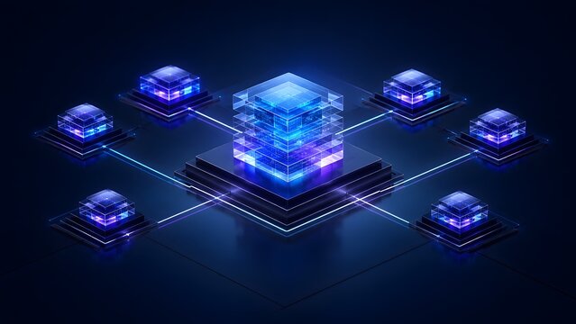 Glowing blue central glass processor cube connecting to network nodes representing blockchain technology and distributed database architecture