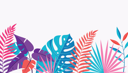 Fototapeta premium Tropical jungle leaves frame, monstera and fern leaves in vibrant pink, purple, teal and coral colors