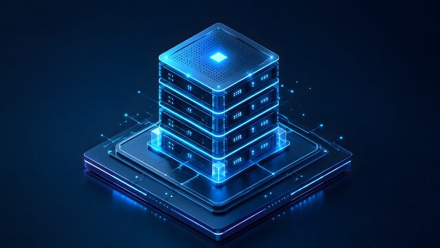 Futuristic glowing blue server mainframe on digital circuit platform representing advanced cloud computing and data storage infrastructure