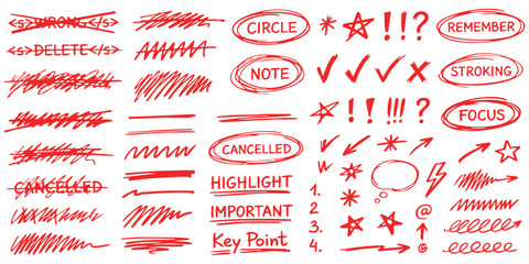Set of red hand drawn marker scribbles circles check marks arrows and correction signs for notes and editing © GraphixEra