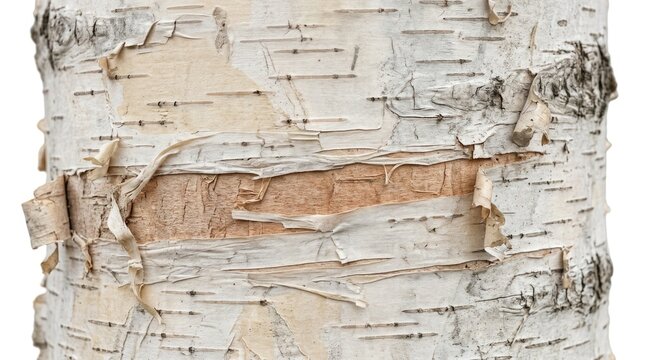 Close up view of the textured white and brown bark of a birch tree in the forest