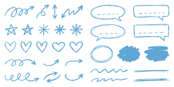 Set of hand drawn sketch elements with blue highlights including arrows stars hearts and speech bubbles