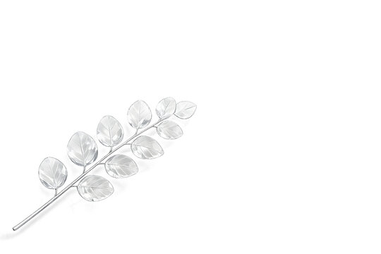 Silver transparent glass botanical branch on white background with copy space