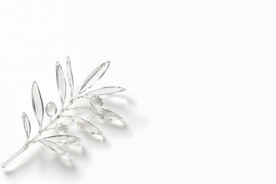 Transparent glass olive branch on white background with copy space