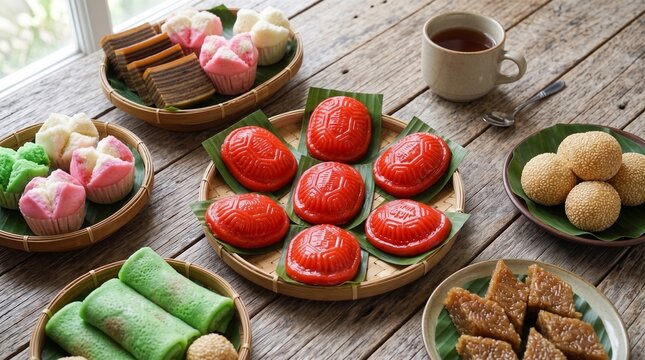 Assortment of traditional Indonesian snacks (jajanan pasar) featuring red tortoise cake (kue angku) on a wooden table with tea, high angle view.