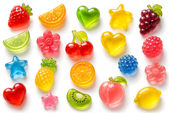 Colorful transparent jelly candy fruit and geometric shapes collection