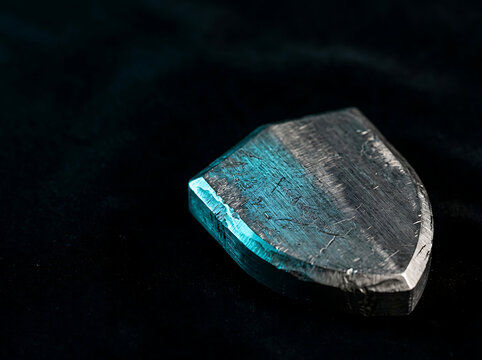 Polished metallic shield fragment with reflective blue light texture resting on a dark velvet surface for high-end industrial design concepts