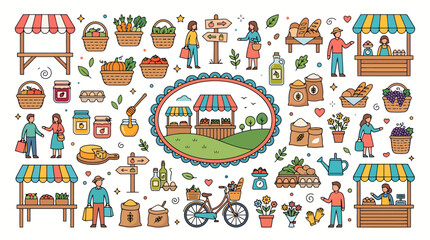 Fototapeta premium People gather at the local organic harvest festival to purchase fresh produce and handmade goods from wooden stalls positioned within this charming countryside agricultural marketplace setting