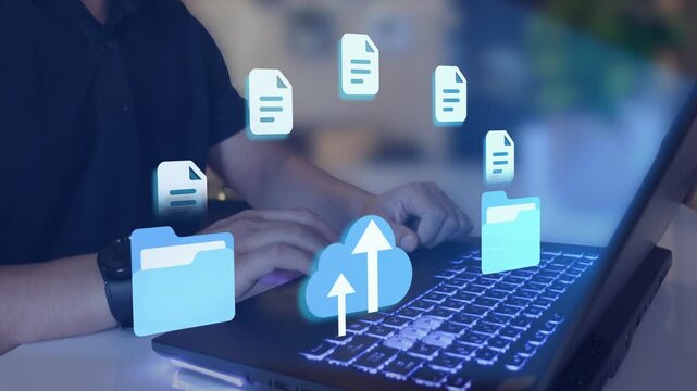 cloud storage technology concept, file transfer holographic AI technology icon, backup storage, artificial intelligence,
