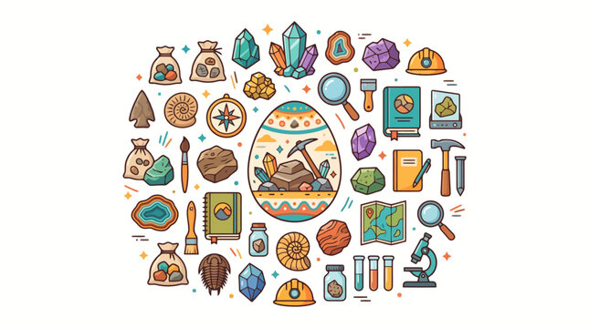 An organized collection of colorful geology equipment and rare earth treasures arranged in a circular formation represents the professional field of mineralogy and scientific excavation studies