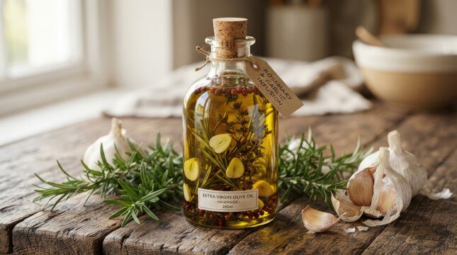 A rustic bottle of rosemary and garlic infused extra virgin olive oil sits on a weathered wooden table.