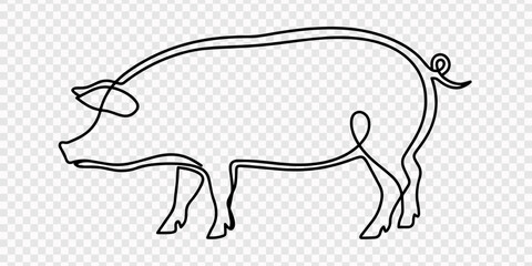 Fototapeta premium Simple continuous line art drawing of a pig, transparent background, A minimalist continuous line drawing of a pig stands on a white background, creating a clean and modern aesthetic, suitable for log