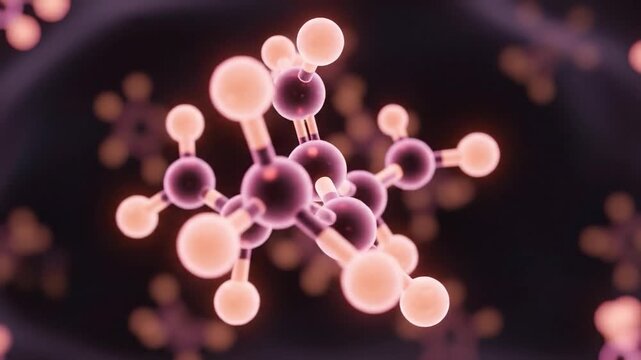 Molecular structure of estrogen hormone rotating in soft pink light for medical science research