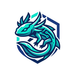 Obraz premium Cybernetic axolotl mascot logo design with geometric shield frame.