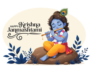 Naklejka premium Celebrating happy Janmashtami festival of India with llustration of Lord Krishna and dahi handi competition with text in Hindi meaning 'Krishan Janmashtami'- vector background