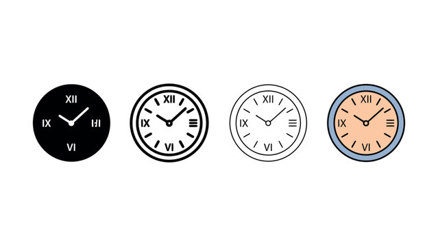 Set of four different flat style wall clock icons with roman numerals isolated on a white background