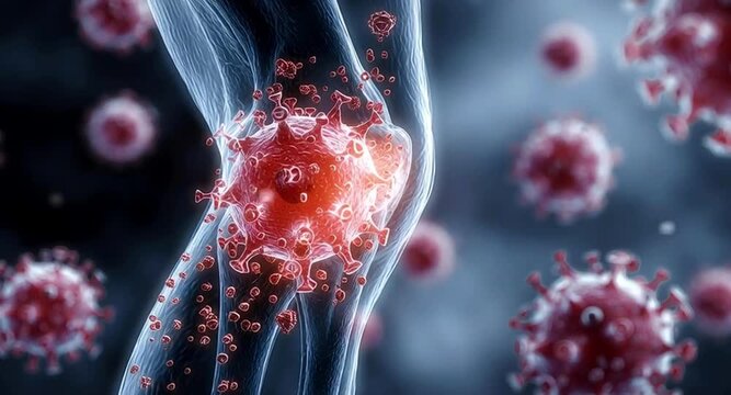 Microscopic visualization of red coronavirus pathogen cells attacking and infecting a blue human dna helix. Representing a viral infection. Pandemic outbreak. And scientific medical research concept