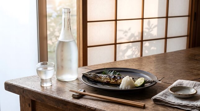 Grilled saury fish served with a bottle of chilled sake on a wooden table by a shoji screen.