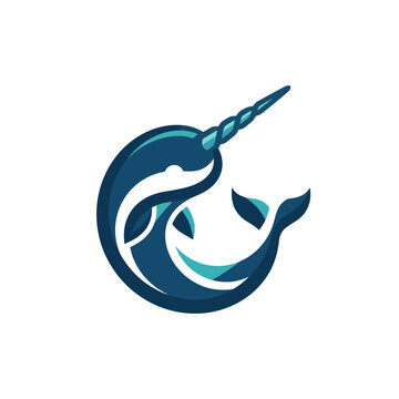 A stylized minimalist vector illustration of a blue narwhal swimming in a circular motion.