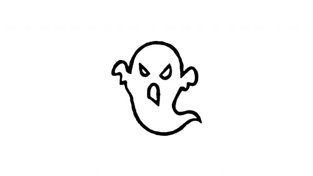 Animated 4K floating ghost spirit doodle icon with line boil effect. Hand drawn line art on black and green screen backgrounds for spooky phantom, Halloween monster, phantom fly, and horror edits.