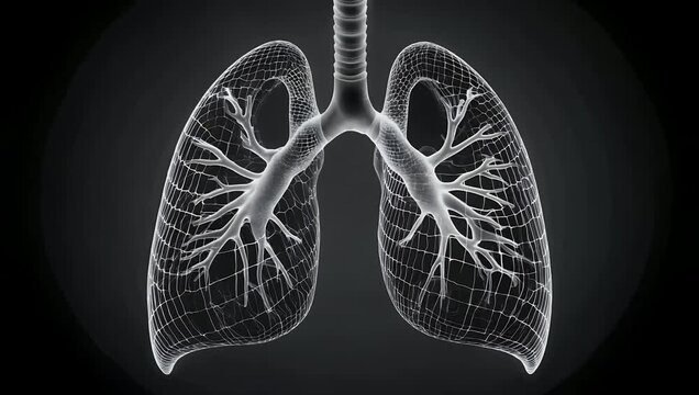 High tech 3D model visualization in ultra sharp 4K showing human respiratory organs constructed from a digital matrix that morphs from light to dark providing an excellent loopable graphic for