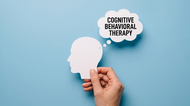 Cognitive Behavioral Therapy concept with paper head and thought bubble, mental health CBT treatment, psychological counseling on blue background