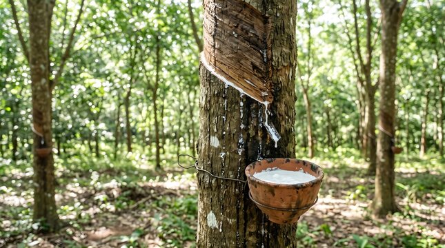 Raw white latex dripping from a spiral cut on a rubber tree into a traditional collection cup.