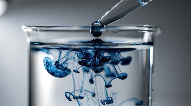 Blue ink dropping into clear liquid in a laboratory beaker, creating swirling patterns.