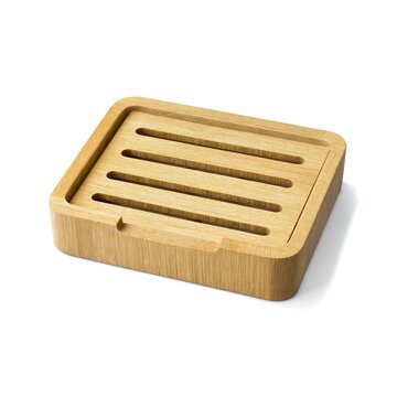 Wooden kitchen utensil holder with slots for organizing cooking tools