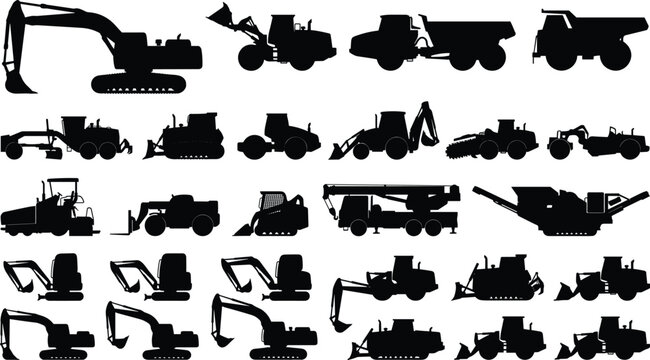 Large set of heavy construction machinery and equipment silhouettes including excavators bulldozers dump trucks and loaders isolated on white