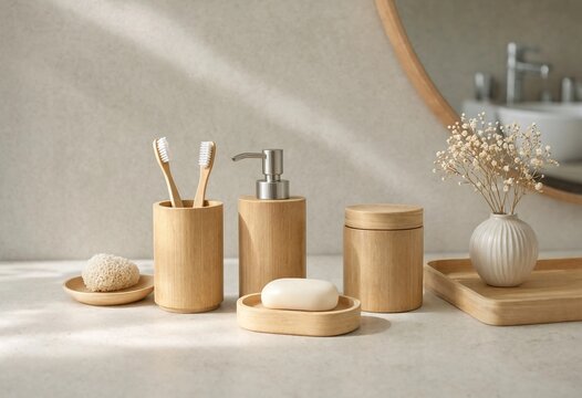 Minimalist bamboo bathroom accessories set on light countertop