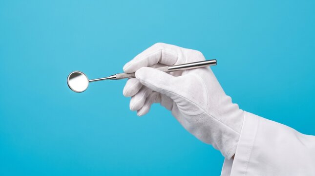 Dental mirror held by gloved hand on blue background, professional dentist tool for oral examination, clinical stomatology equipment for checkup
