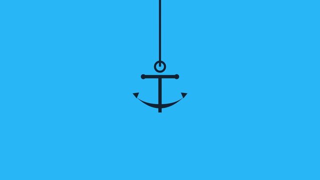 Minimalist Anchor Icon Swinging on a Rope Against a Solid Blue Background.