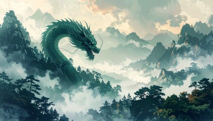 Majestic Dragon Ascending Over Misty Mountains - A Fantasy Landscape. © Rafanda