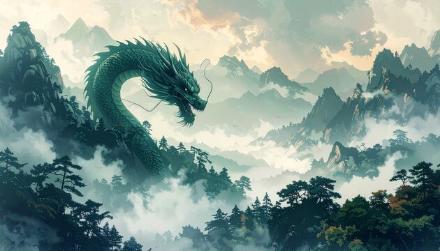 Majestic Dragon Ascending Over Misty Mountains - A Fantasy Landscape.