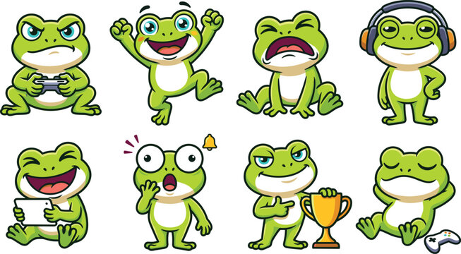 Cute Gamer Frog Characters with Gaming Devices Headphones Trophy and Funny Expressions