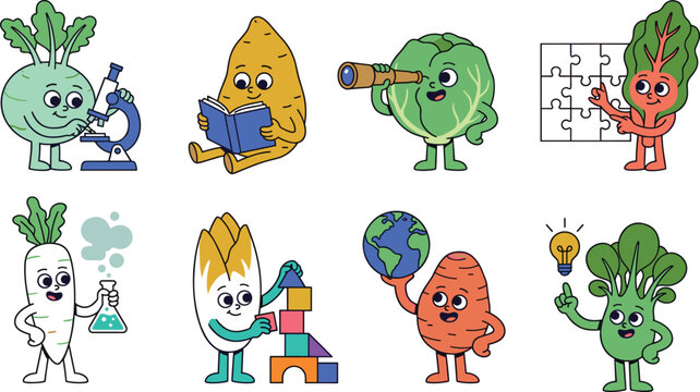 Cute Educational Vegetable Characters Learning Science Reading Geography and Creative Problem Solving
