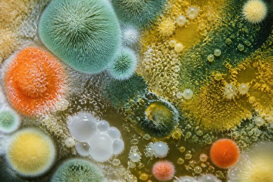 Various mold colonies growing on nutrient surface closeup