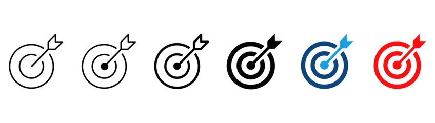 Target icon with arrow in center symbolizing goal, focus, and precision. Bullseye pictogram for success, achievement, strategy, direction, planning, performance, and business objectives. © PrimeVisuals