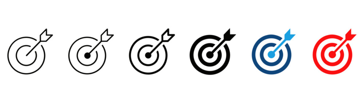 Target icon with arrow in center symbolizing goal, focus, and precision. Bullseye pictogram for success, achievement, strategy, direction, planning, performance, and business objectives.