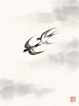 Two swallow birds flying together in the sky traditional ink wash painting style