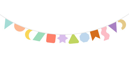 Fototapeta premium Bunting flags in various soft pastel shapes and colors are suspended on a string to form a whimsical party garland.