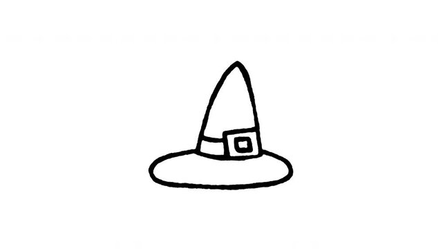 4K hand drawn pointy witch hat icon featuring boiling line animation. Frame by frame line art on black and green screen backgrounds for wizard cap, Halloween witch costume, magical sorcerer head.