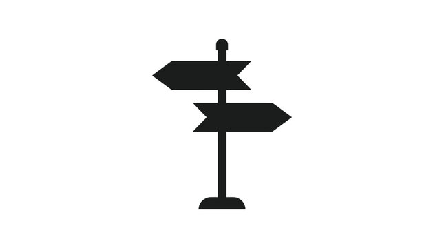 Minimalist black wooden signpost with two empty blank boards pointing in opposite directions isolated against a plain white background for clear navigation and wayfinding signage usage