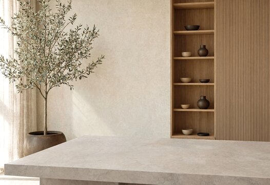 Minimalist Modern Interior Corner With Wooden Shelving And Olive Tree Plant