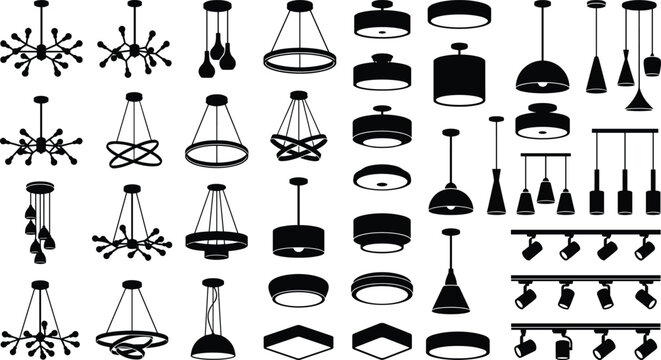 Large set of modern ceiling light silhouettes including pendant lamps, chandeliers, and track lighting isolated on white