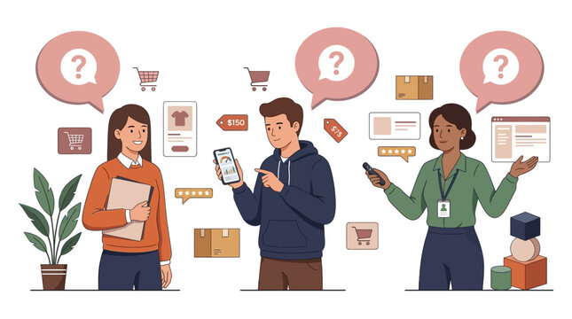 Customers with shopping icons and question marks.