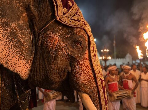 A decorated elephant participating in a traditional cultural procession at night with fire torches.